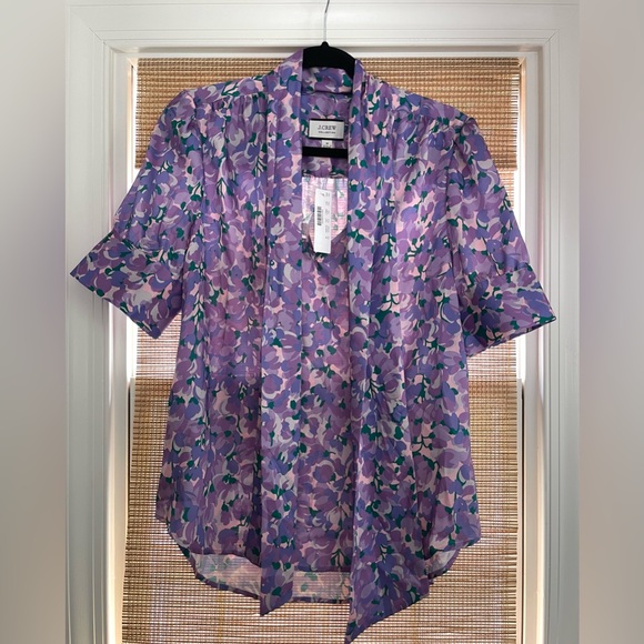 J Crew Collection Pink Purple Lilac Ratti Floral tie bow neck Blouse size M NWT - Picture 2 of 7